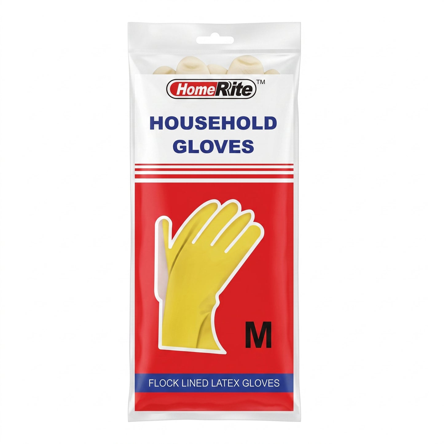 A package of Home Rite Household Gloves, size M, featuring yellow flocked latex gloves inside a clear plastic bag with a red and white printed label.