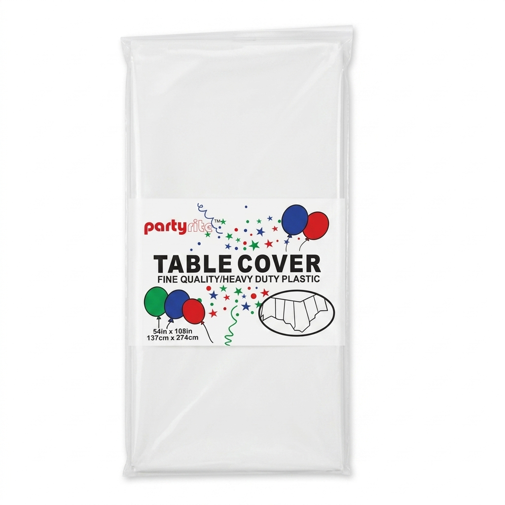 White table cover with 'Party Plus' branding and balloon graphics on a white background