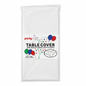 White table cover with 'Party Plus' branding and balloon graphics on a white background