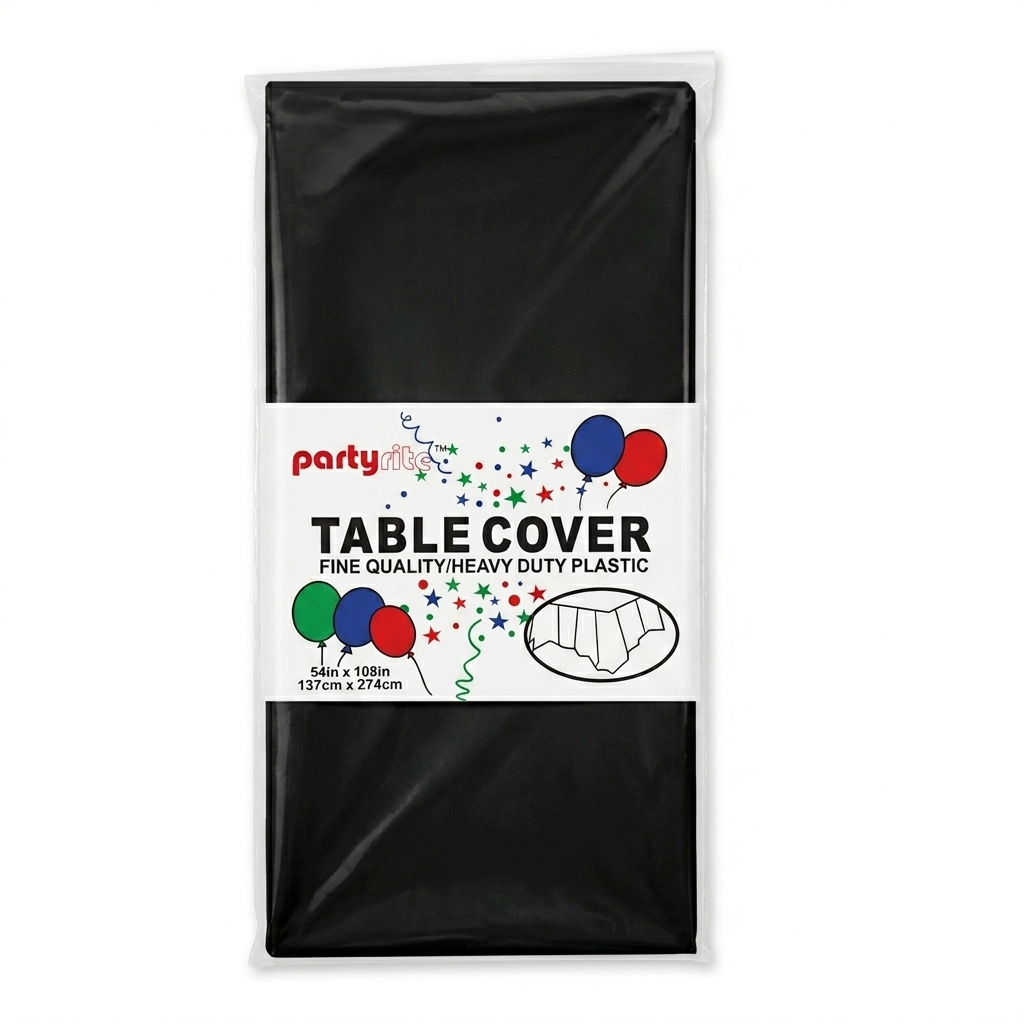 Black table cover with 'Party City' branding on a white background