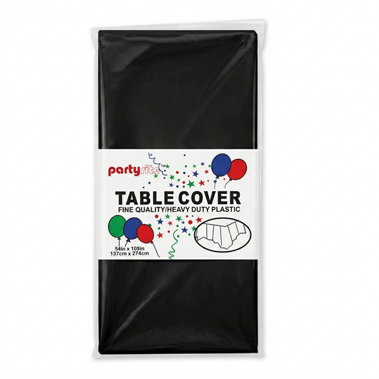Black table cover with 'Party City' branding on a white background