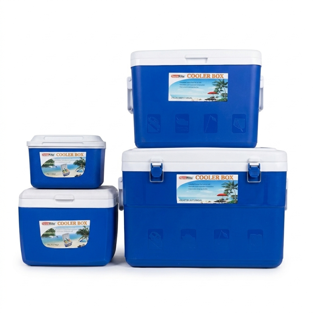 Set of blue cooler boxes with white lids on a white background