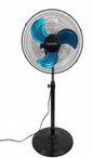 Black and blue oscillating stand fan on a white background