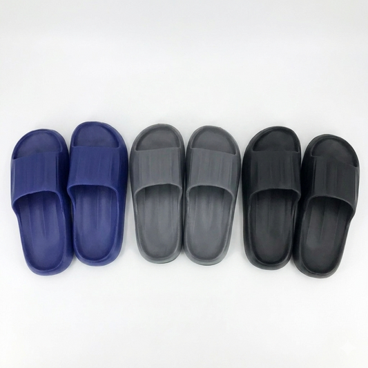 Three pairs of slides in blue, gray, and black on a white background