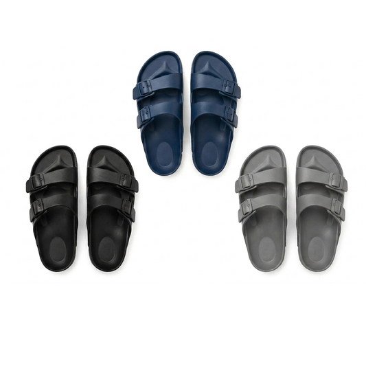 Three pairs of sandals in black, blue, and gray on a white background