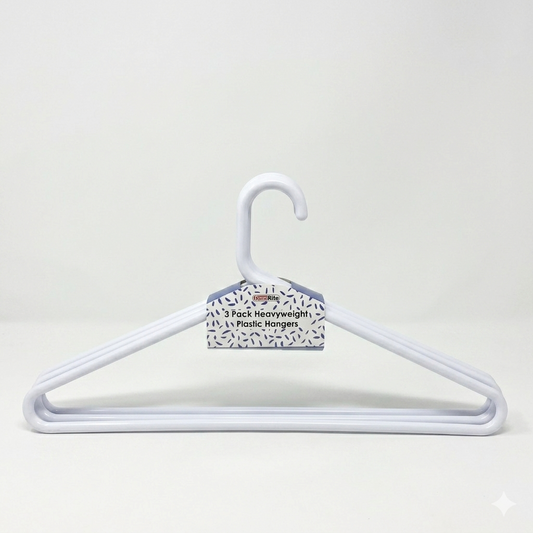 White hanger with a label on a light gray background