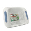 White plastic sink strainer basket with blue side handles and a paper label on a white background.
