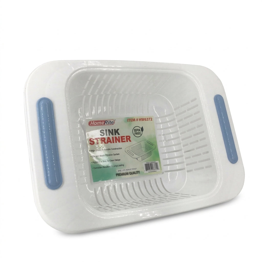 White plastic sink strainer basket with blue side handles and a paper label on a white background.