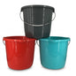 Three plastic buckets stacked in a pyramid arrangement on a white background, with one dark gray bucket on top and two smaller buckets in red and turquoise below.
