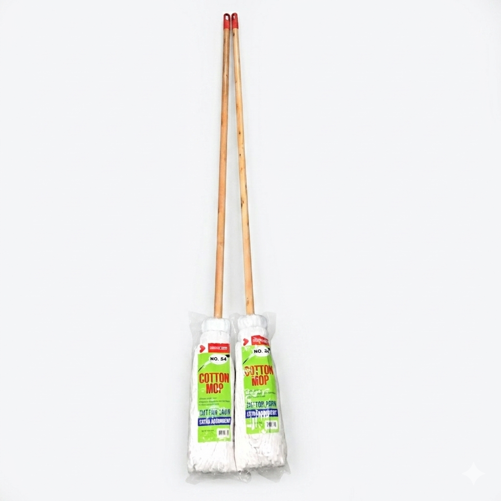 Two cotton mops with wooden handles in packaging on a white background