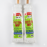 Two cotton mops with wooden handles in packaging on a white background