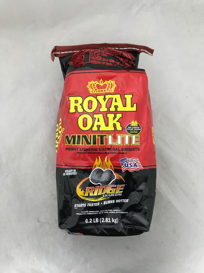 Bag of Royal Oak Minit Lite charcoal briquettes on a white background