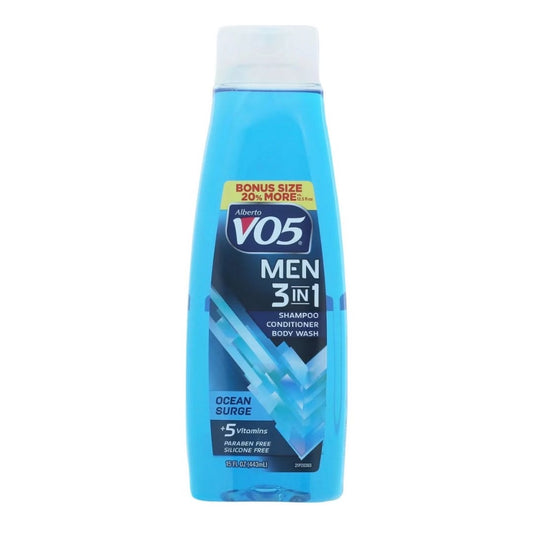ocean surge Blue bottle of Alberto Vo5 Men 3-in-1 product on a white background