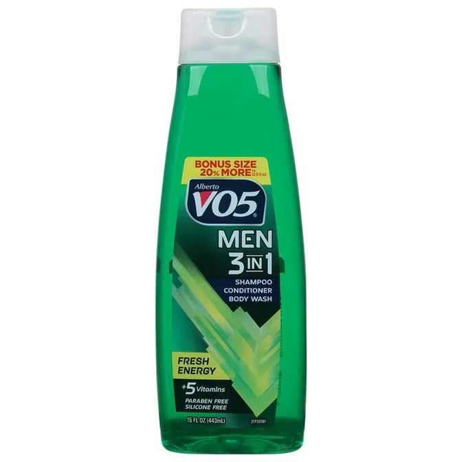 Fresh energy Green bottle of Alberto VO5 Men 3-in-1 product on a white background