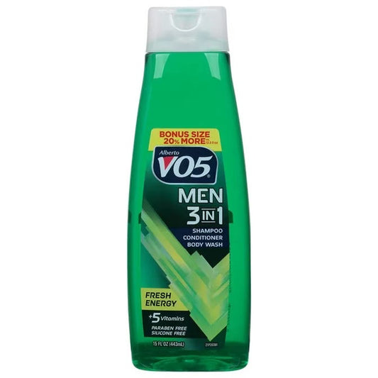 Fresh energy Green bottle of Alberto VO5 Men 3-in-1 product on a white background