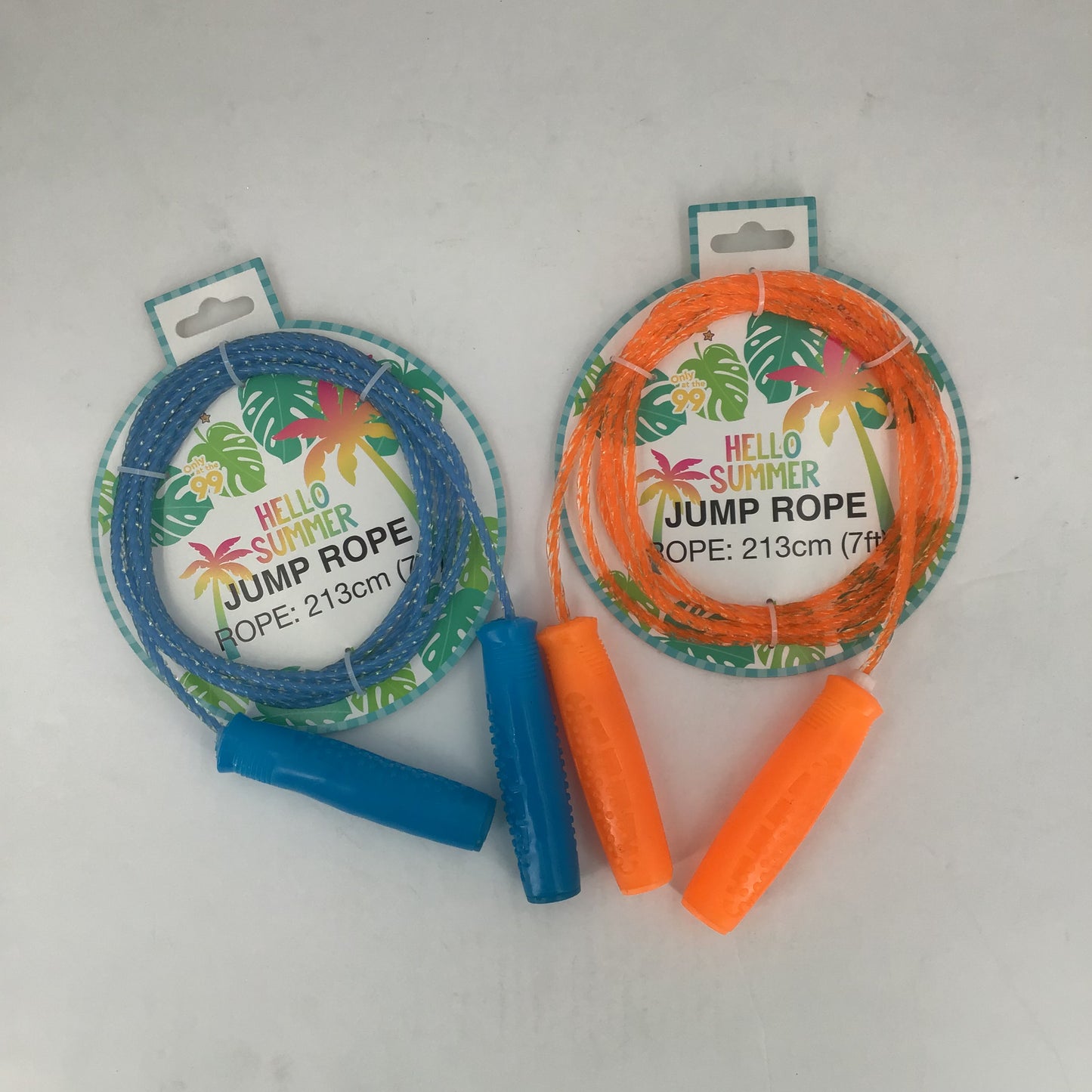 Two colorful jump ropes with packaging on a white background