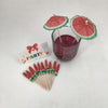 watermelon umbrella drink stirrers with a glass of red drink and 'Party' sign on a white background