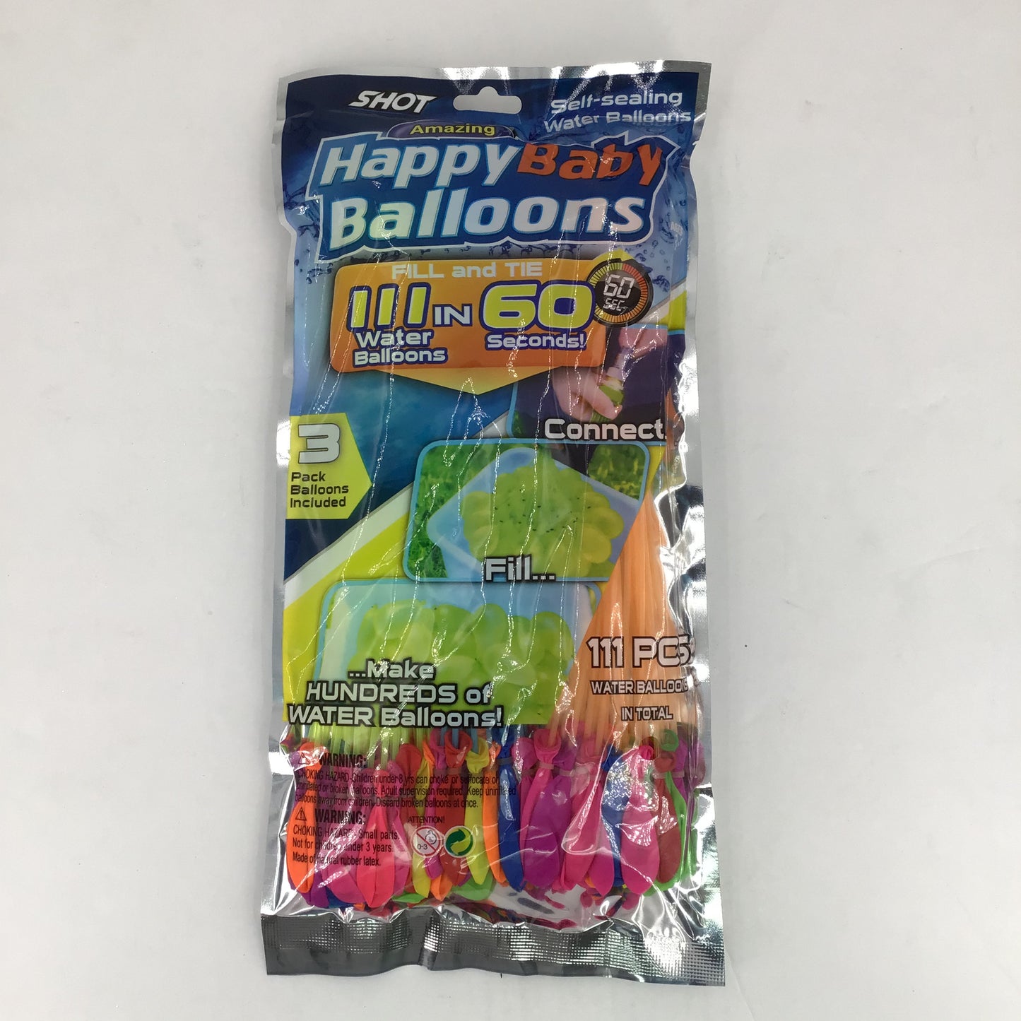 Pack of Happy Baby Balloons with colorful water balloons on a white background