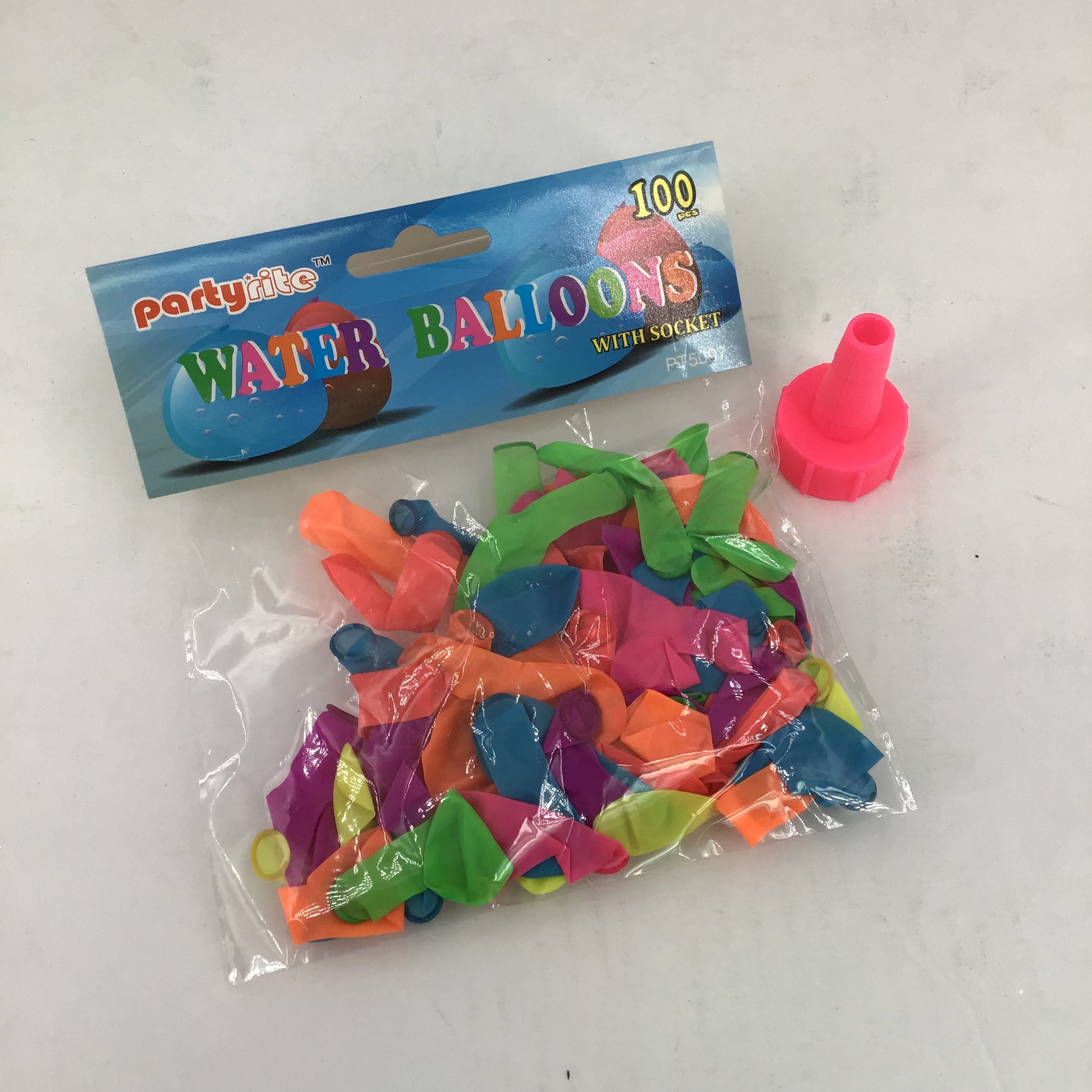 Packaged water balloons with a pink nozzle on a white background