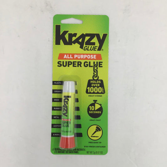 Krazy Glue all-purpose super glue packaging on a light gray background