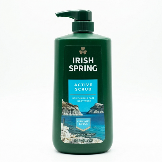 Green bottle of Irish Spring Active Scrub on a white background