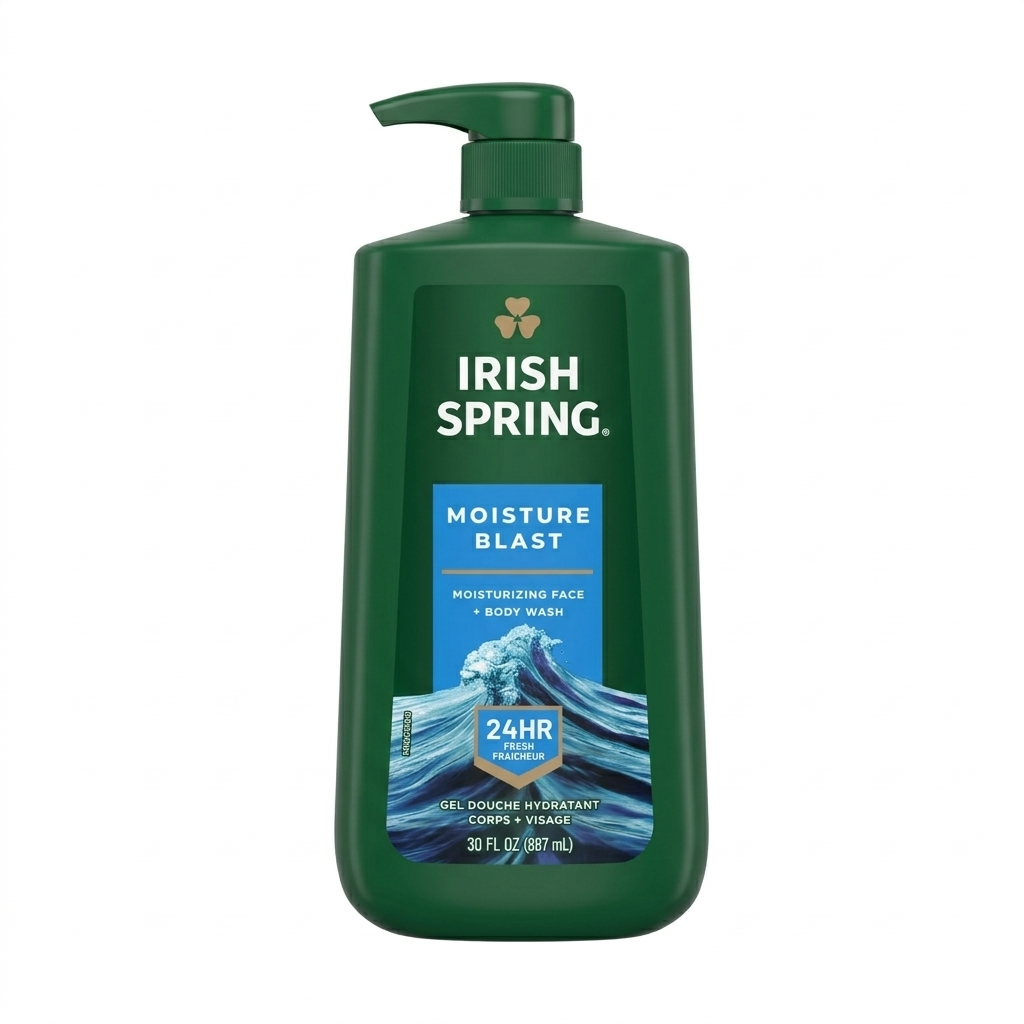 Green bottle of Irish Spring moisture blast product on a white background