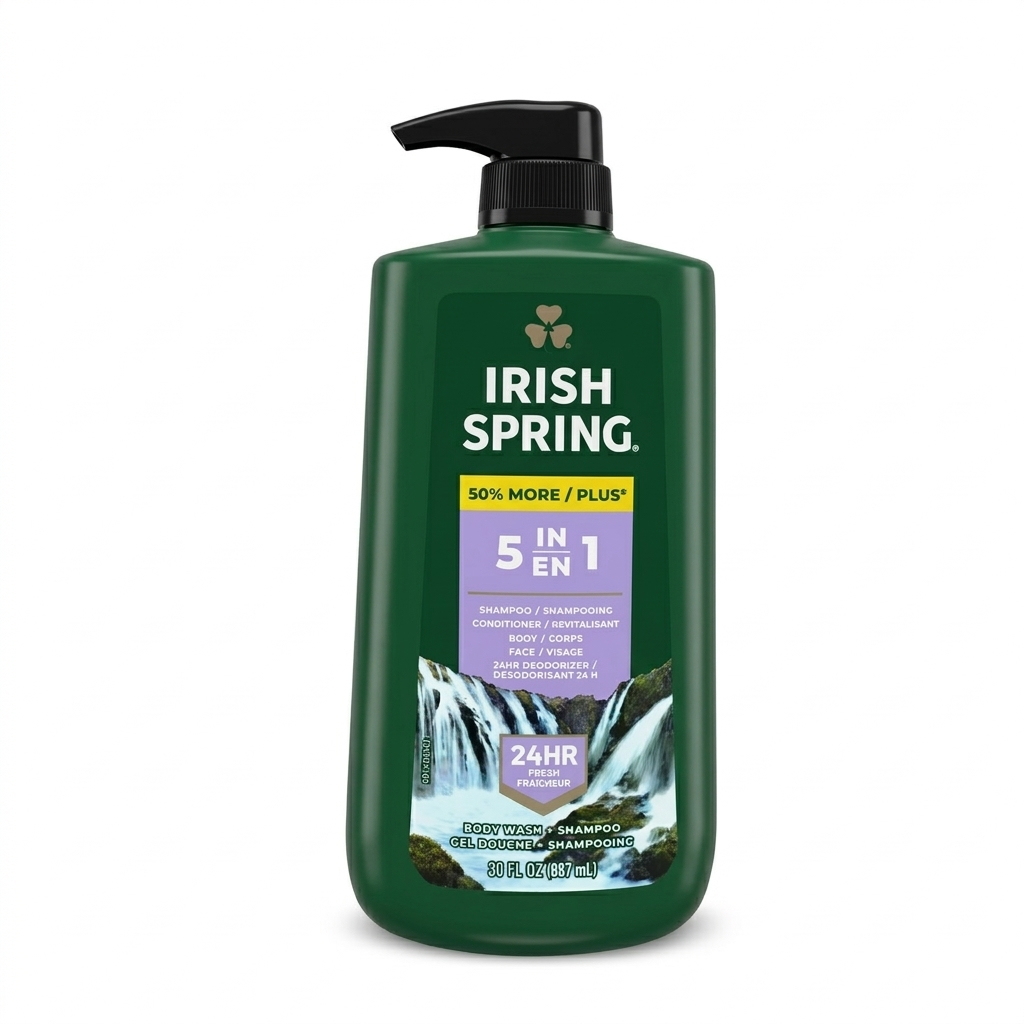 Green bottle of Irish Spring 5-in-1 product on a white background