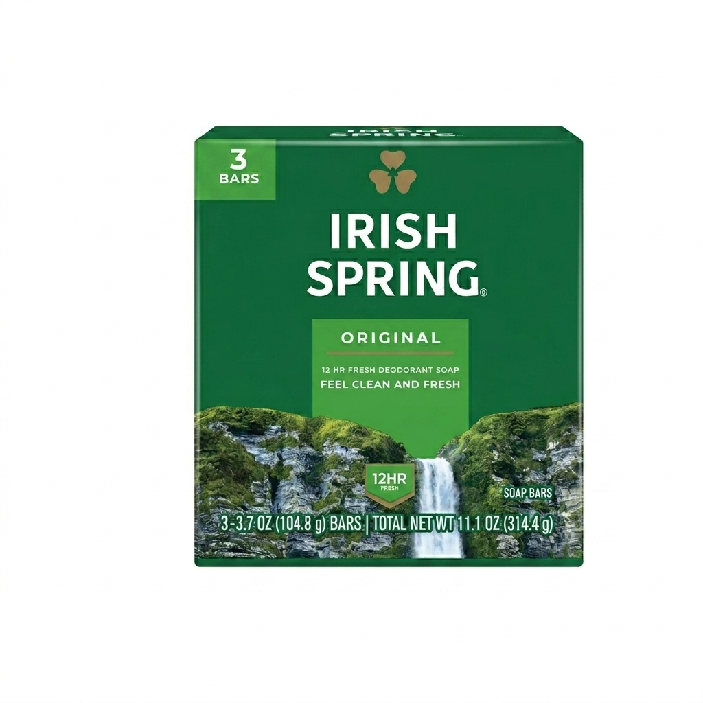Irish Spring Original soap packaging with a scenic design on a white background