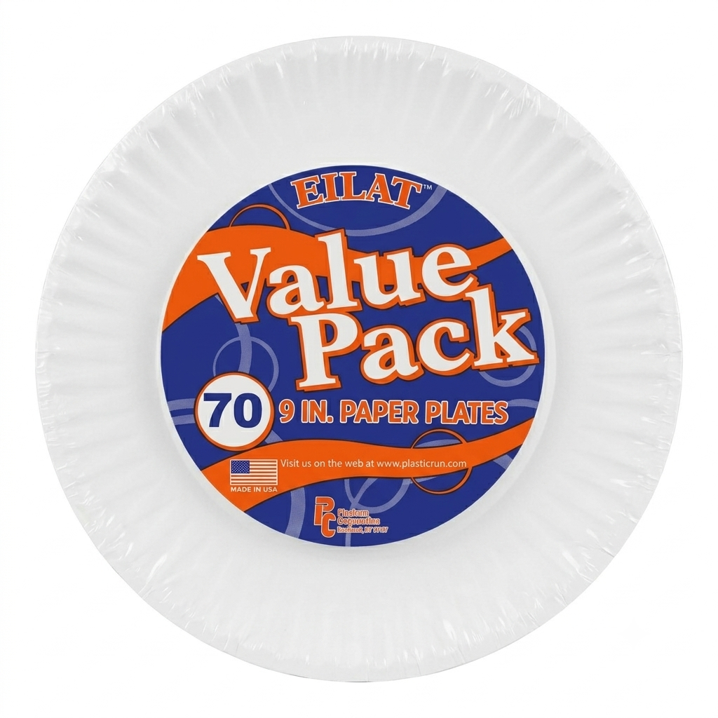 A pack of 70 white paper plates in a round plastic clamshell container with a blue, orange, and white label reading 'Eilat Value Pack 9 In. Paper Plates'.
