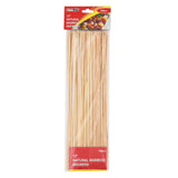 Pack of 100 natural bamboo skewers with a brand label on a white background