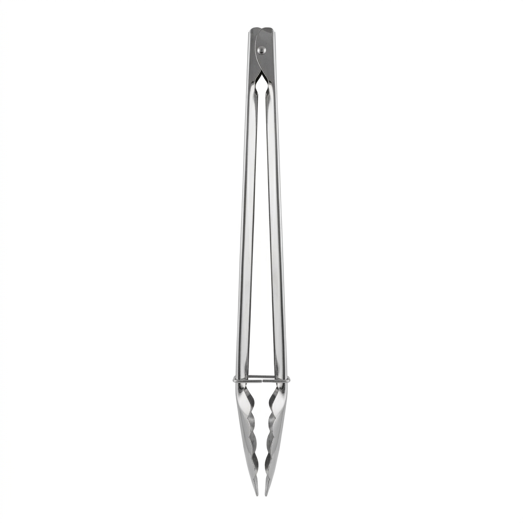 Stainless steel tongs on a white background