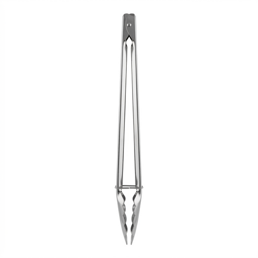 Stainless steel tongs on a white background