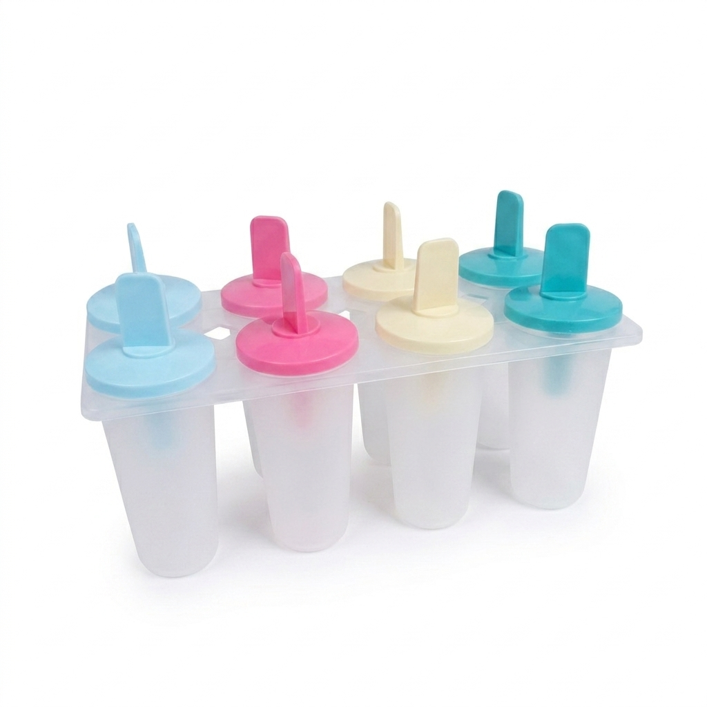 Set of 8 popsicle molds with colorful lids on a white background
