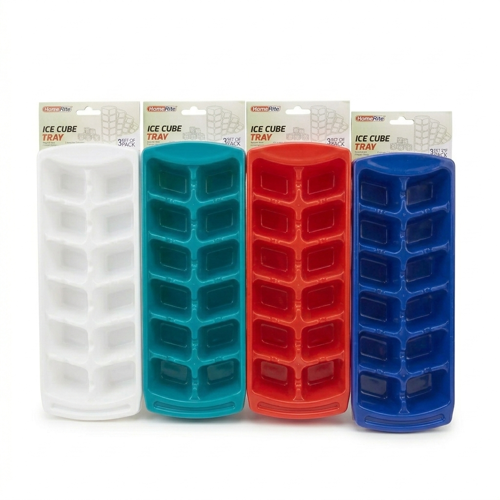 Four colorful ice cube trays in packaging on a white background