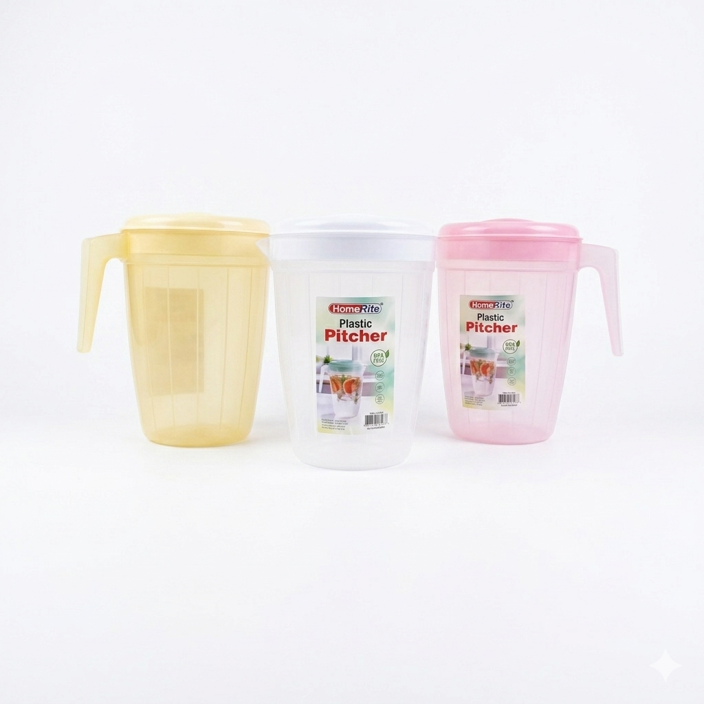 Three plastic pitchers in yellow, white, and pink on a white background