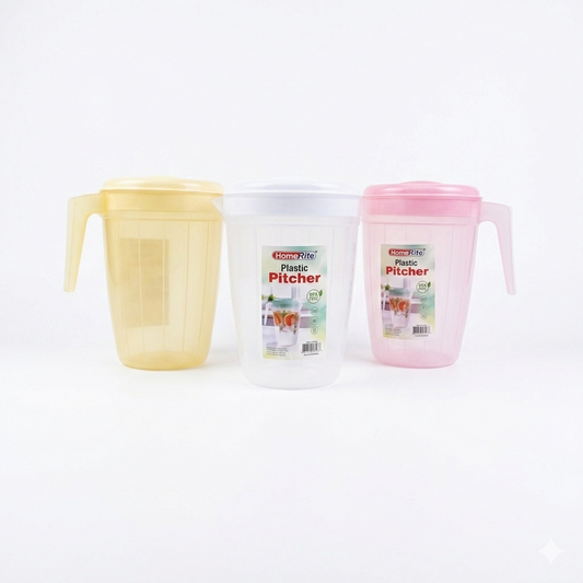 Three plastic pitchers in yellow, white, and pink on a white background