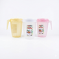 Three plastic pitchers in yellow, white, and pink on a white background