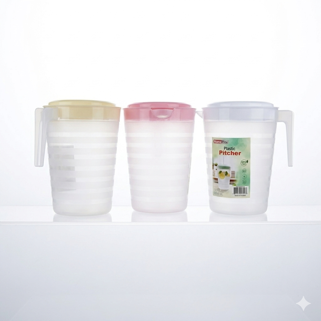 Three plastic pitchers with different colored lids on a white background