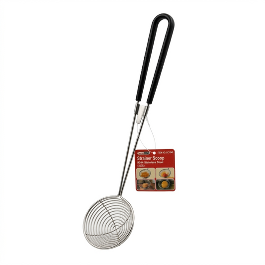 Strainer scoop with black handle on a white background