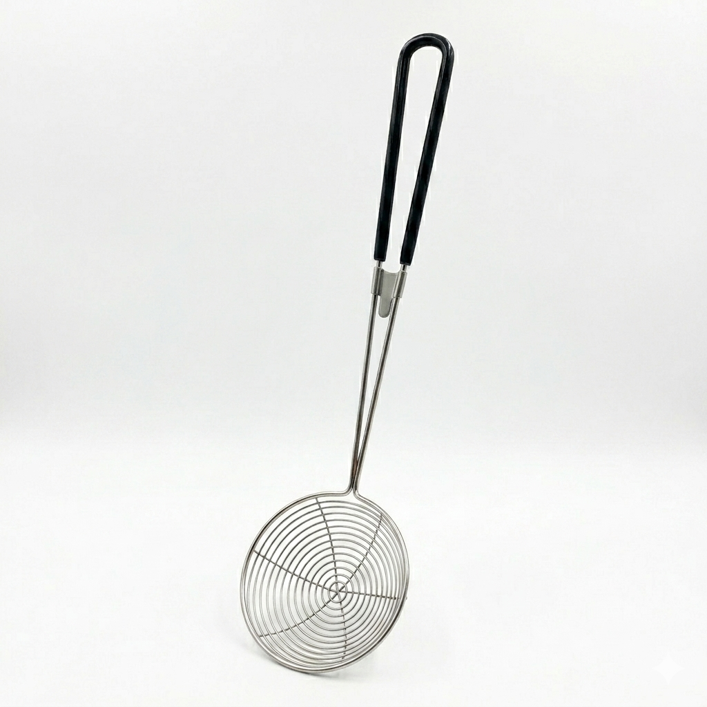 Metal skimmer with black handle on a white background
