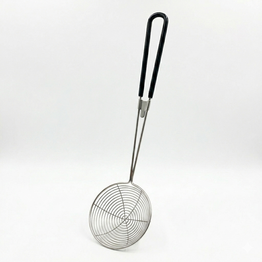 Metal skimmer with black handle on a white background