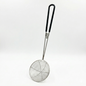 Metal skimmer with black handle on a white background