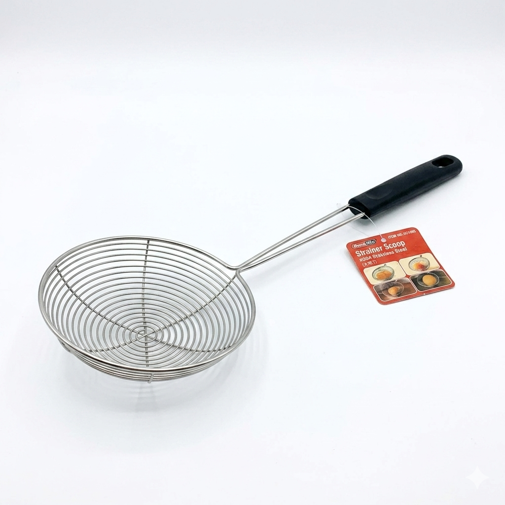 Metal skimmer scoop with black handle on a white background