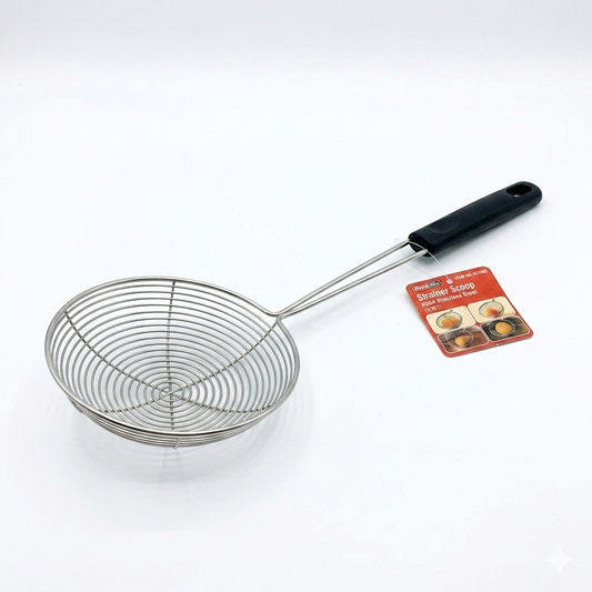 Metal skimmer scoop with black handle on a white background