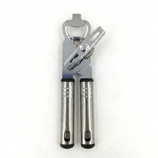 Stainless steel can opener on a white background