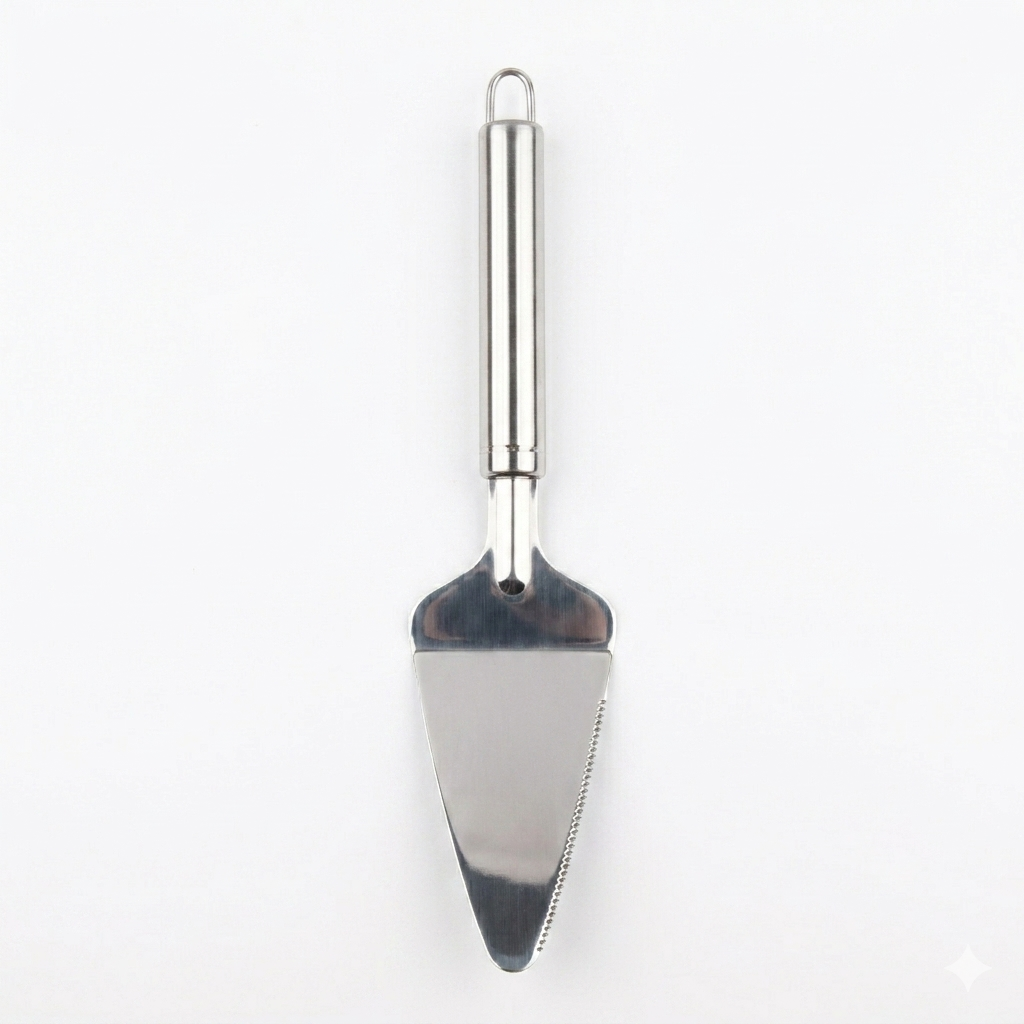 Metal cake server with a black handle on a white background