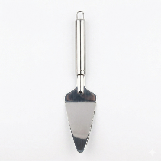 Metal cake server with a black handle on a white background