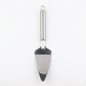 Metal cake server with a black handle on a white background