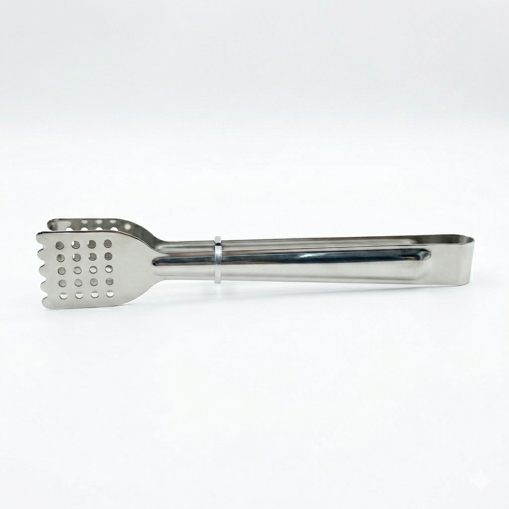 Metal tongs with perforated design on a white background