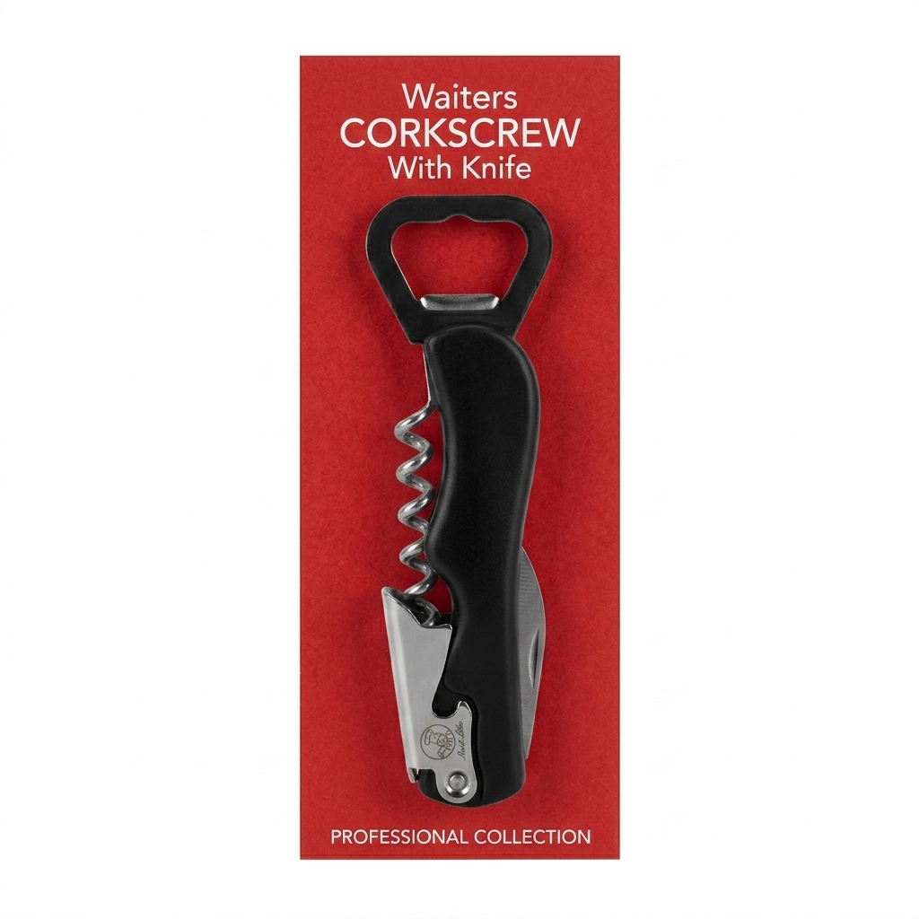 Corkscrew with knife on a red background